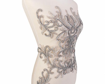 Silver Beaded rhinestone bodice appliqué