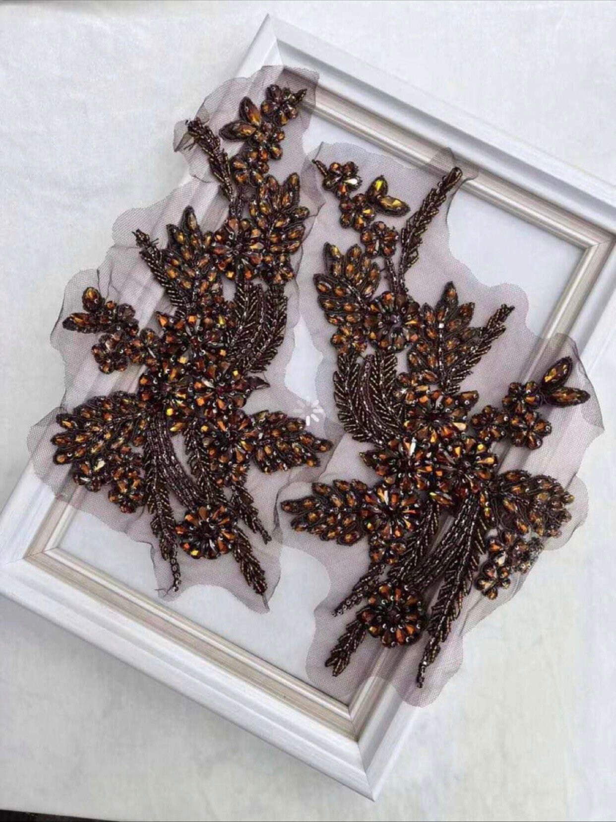 deluxe brown Rhinestone Applique, Bridal Bodice beaded  floral motif Lace Applique, Silver Crystal shoulder sash headpiece appliques