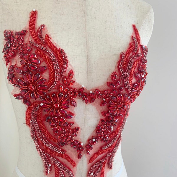 deluxe Red Rhinestone Applique, Bridal Bodice beaded  floral motif Lace Applique, Silver Crystal shoulder sash headpiece appliques