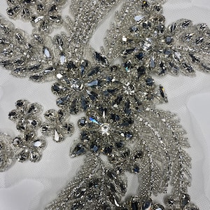deluxe silver Rhinestone Applique, Bridal Bodice beaded  floral motif Lace Applique, Silver Crystal shoulder sash headpiece appliques