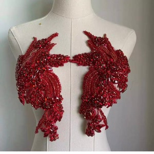 deluxe red/Gold prongs Rhinestone Applique Bridal Bodice beaded  floral motif LaceApplique Crystal shoulder sash headpiece appliques