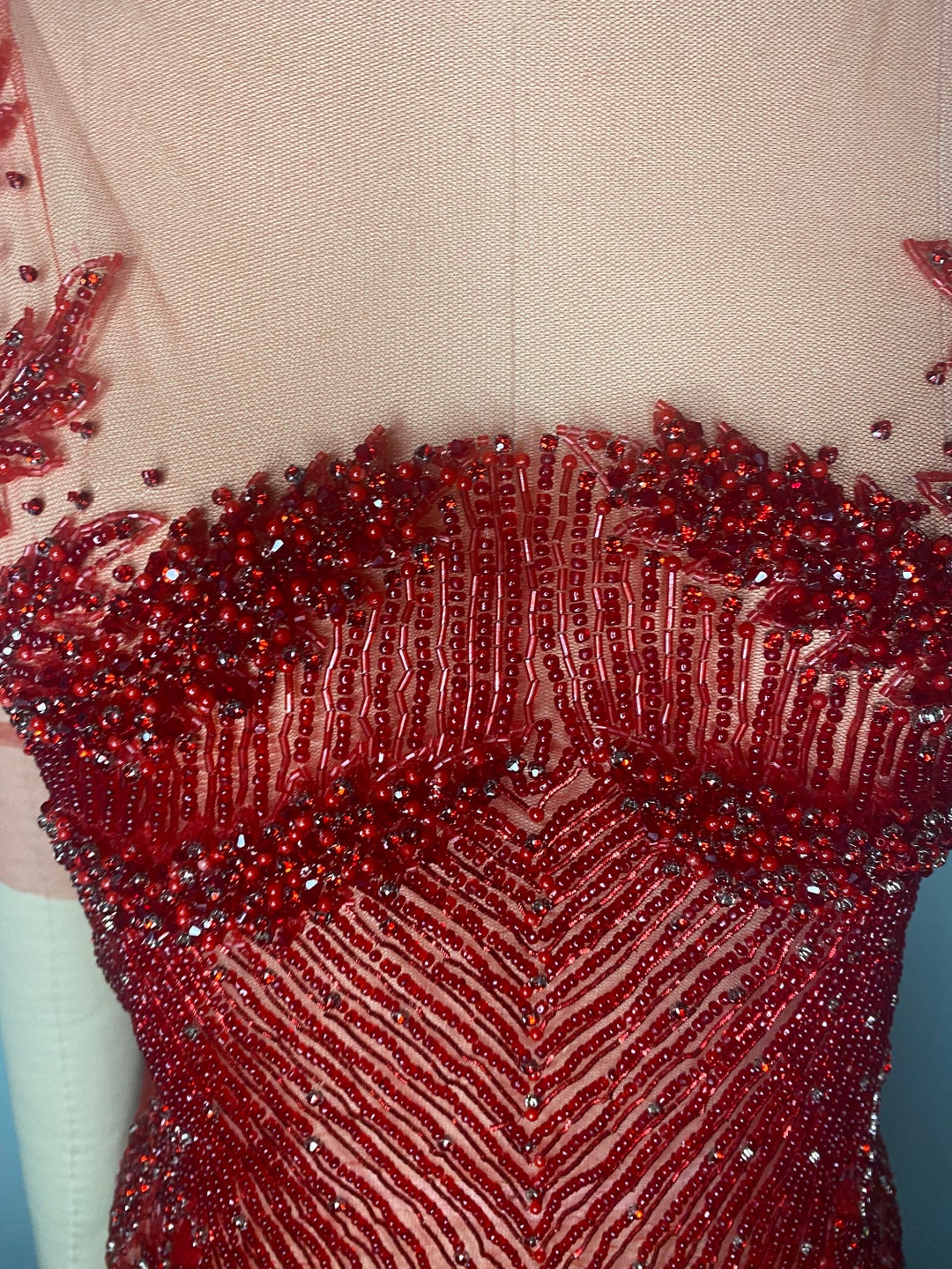 Custom Made Red Beaded Bodice Appliqué. Deluxe Silver Beaded Appliqué