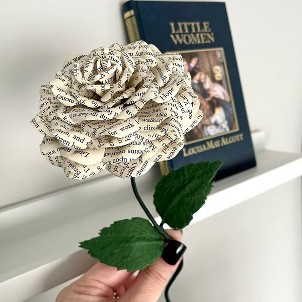 Little Women book page rose made from preloved book pages, single stem book page flower