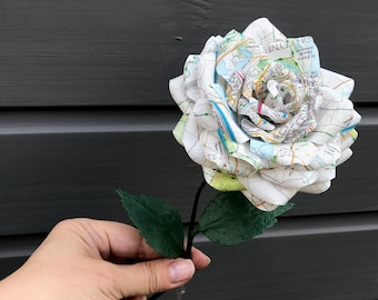 Paper rose made from map paper, Map rose,  Paper Flowers, gift, weddings, 1st wedding anniversary,  birthday, valentine's, love.