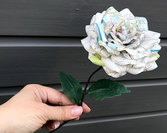 Paper rose made from map paper, Map rose,  Paper Flowers, gift, weddings, 1st wedding anniversary,  birthday, valentine's, love UK