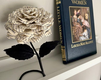 Little Women book page flower made from preloved book pages freestanding shelf sitter