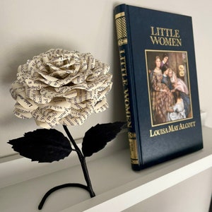Little Women book page flower made from preloved book pages freestanding shelf sitter