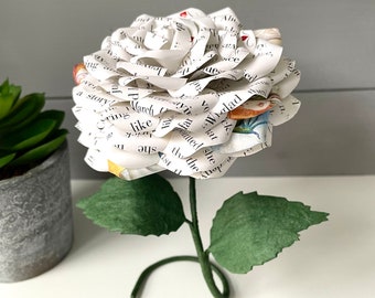 Alice in wonderland rose made from preloved book pages, freestanding shelf sitter, 1st Anniversary gift, Alice fan gift idea