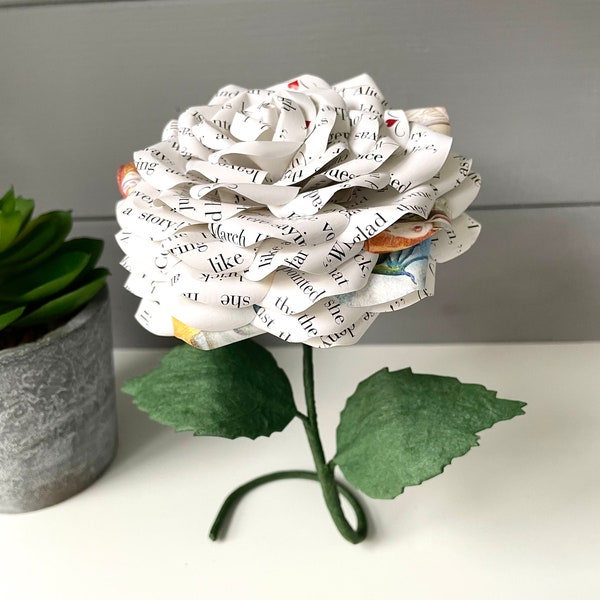 Alice in wonderland rose made from preloved book pages, freestanding shelf sitter, 1st Anniversary gift, Alice fan gift idea