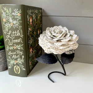 Little Women book page rose made from preloved book pages, freestanding shelf sitter