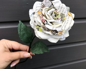 Paper rose single stem made of pages from 'Winnie the Pooh' preloved book