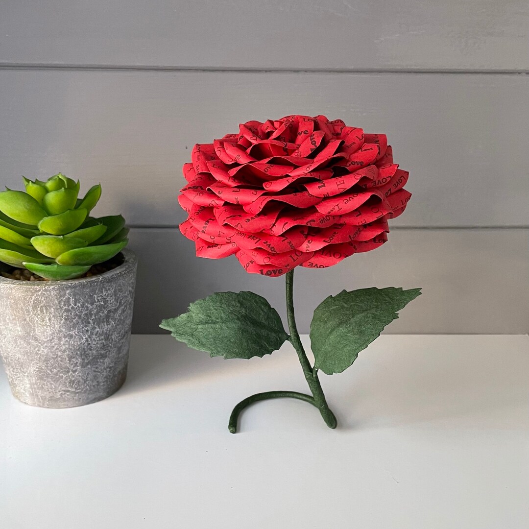 Valentines Red Paper Rose: Handmade 'love' Print Flower Gift - Etsy