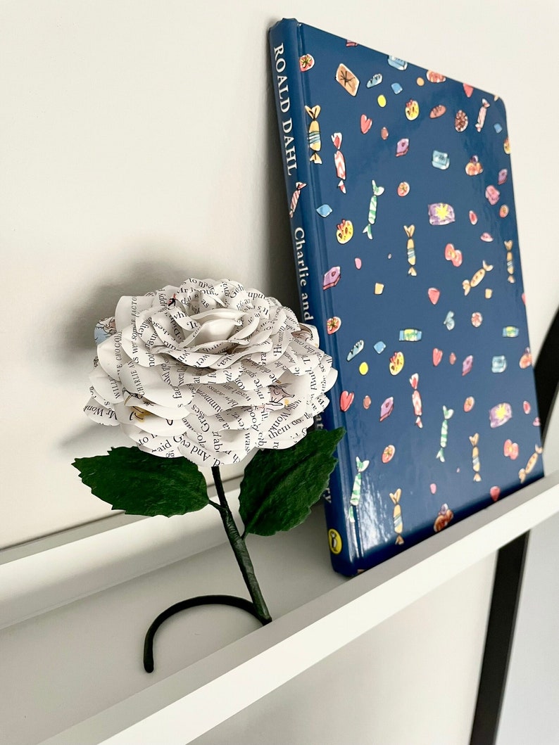 Shelf sitting paper flower made from preloved illustrated book pages from Charlie and the Chocolate Factory book