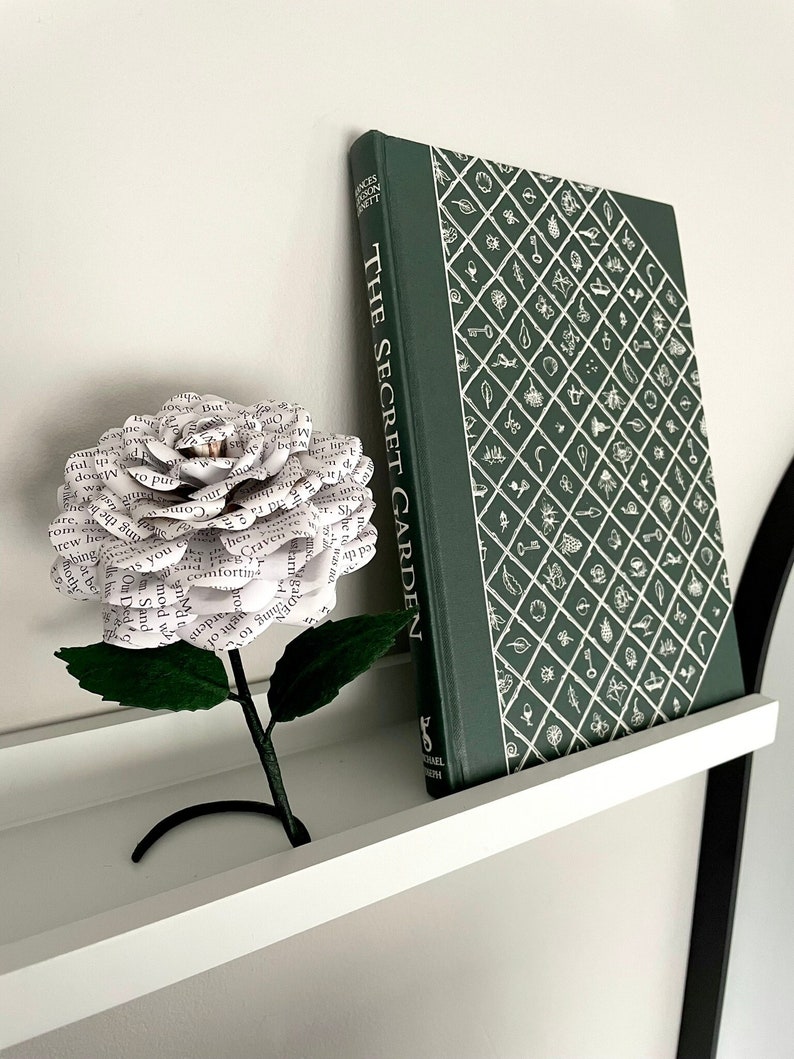 The Secret Garden flower made from preloved book pages, freestanding shelf sitter, 1st Anniversary gift, gift idea image 1