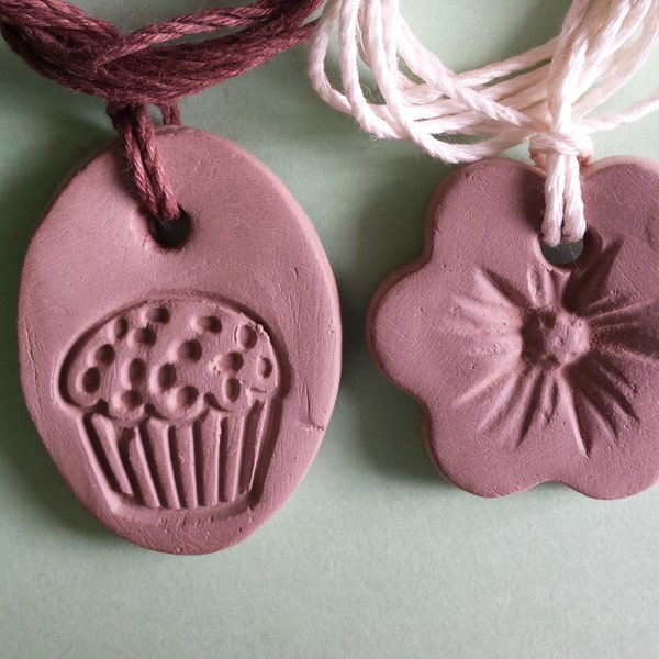 Essential Oil Diffuser Necklace - Natural Terra Cotta Clay with Hemp cord - Aromatherapy - Flower or Cupcake