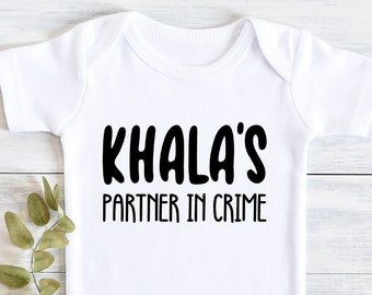 Khala's Partner in Crime bodysuit, new baby boy girl, baby shower cute ,custom gift, Islamic Muslim shirt, Eid, Ramadan, Mamu, Aunt, Zia