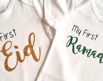 Mein erstes Eid Ramadan Body Set, Eid Mubarak, Ramadan, Eid al fitr, Muslimische Geschenke, Islamische Dekoration, Eidi, Glitzer, süße Baby Kleidung für Jungen und Mädchen