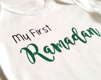 Mein erster Ramadan Body, Eid Mubarak, Ramadan, Eid al Fitr, niedliche Baby-Jungen-Mädchen-Kleidung, Islamische Muslimische Geschenke, Glitzer, Mabach, Eidi, süß
