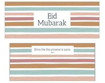 Puede incluir: Un fondo a rayas con el texto "Eid Mubarak" en un cuadro blanco. La mitad inferior de la imagen tiene una cita de Rumi: "Shine like the universe is yours."