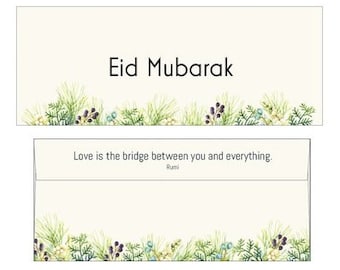 Puede incluir: Una tarjeta verde claro con un borde blanco y un diseño floral verde y blanco. La tarjeta dice "Eid Mubarak" en texto negro y "El amor es el puente entre tú y todo. Rumi" en texto negro más pequeño.