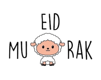 May include: A white cartoon sheep with a pink face and black eyes stands in front of the text "Eid Mubarak".