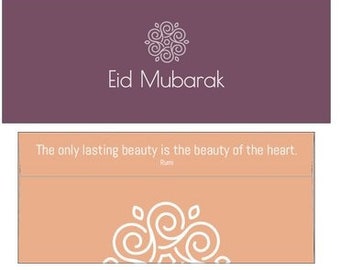 Puede incluir: Una tarjeta morada y naranja con un diseño decorativo blanco y el texto "Eid Mubarak". La tarjeta también incluye una cita de Rumi: "La única belleza duradera es la belleza del corazón."