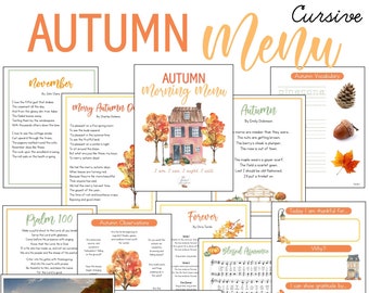 CURSIVE AUTUMN Morning Menu Pages | Homeschool Morning Basket | Calendar Pages | Morning Time | Manuscript Copywork | Circle Time |