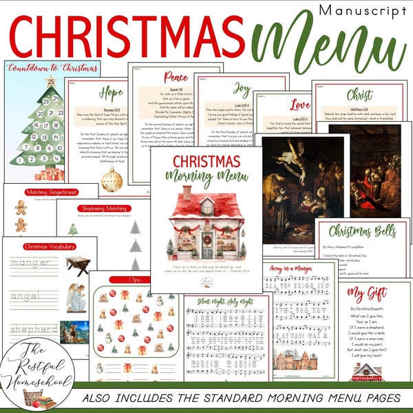 PRIMER CHRISTMAS ADVENT Morning Menu Pages | Candle Lighting Readings | Homeschool Basket | Calendar Pages