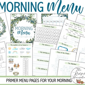 PRIMER Morning Menu Pages | Homeschool Morning Basket | Calendar Pages | Morning Time | Manuscript Copywork | Circle Time