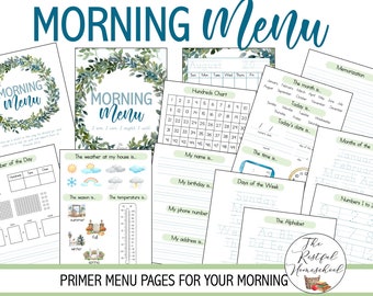 PRIMER Morning Menu Pages | Homeschool Morning Basket | Calendar Pages | Morning Time | Manuscript Copywork | Circle Time