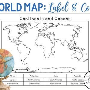 Kontinente und Ozeane | Farbe und Beschriftung Blanko Weltkarte | Elementare Geographie | Ausdruckbare Aktivitäten für Hausschule | Sozialkunde