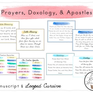 May include: A printable set of watercolour-style cards with prayers, a doxology, and the names of the twelve apostles. The cards feature a light blue background with white text and are decorated with pink and blue watercolour accents. The text on the cards includes "Table Blessing", "Morning Prayer", "Doxology", and "The Twelve Apostles".