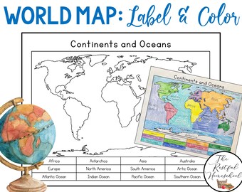 Continents and Oceans Color and Label Blank World Map - Etsy