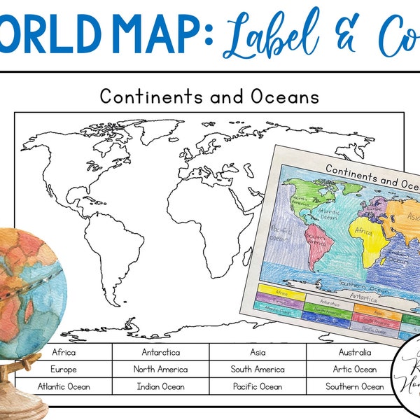Continents and Oceans | Color and Label Blank World Map | Elementary Geography | Homeschool Printable Activities | Social Studies