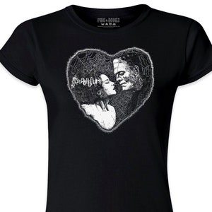 Pins & Bones Women's Frankenstein and Bride T Shirt, Cool Retro, Black, The Bride of Frankenstein Graphic Tee, Bride Frankenstein Shirt