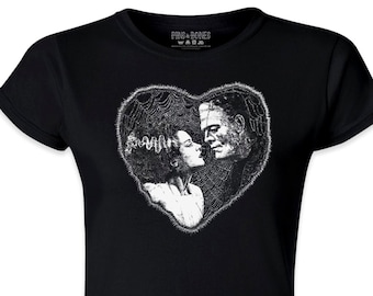 Pins & Bones Women's Frankenstein and Bride T Shirt, Cool Retro, Black, The Bride of Frankenstein Graphic Tee, Bride Frankenstein Shirt