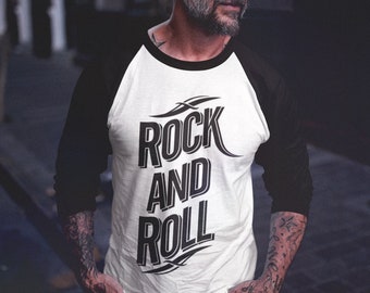 Pins & Bones Rock n Roll Raglan T-Shirt, Music Theme, 3/4 Sleeve Classic Rock-n-roll Baseball T-Shirt