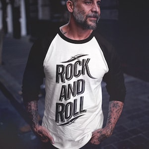 Pins & Bones Rock n Roll Raglan T-Shirt, Music Theme, 3/4 Sleeve Classic Rock-n-roll Baseball T-Shirt