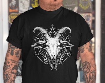 May include: Black t-shirt with a white graphic of a goat's head with horns inside a pentagram.