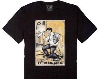Pins & Bones El Borracho Camisa Loteria Tema Mexicano Naipes El Borracho Loteria camisa Camiseta negra