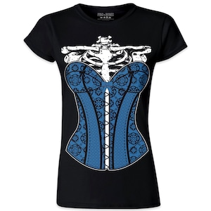 Pins & Bones Women&#39;s Blue Skeleton Rib Cage Beautiful Flowered Corset, Black Cotton T-Shirt (Blue)