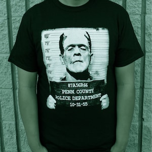 Pins & Bones Frankenstein Shirt, Face Mug Shot, Vintage Retro, Frankensteins Mug Black Tshirt