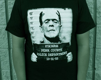Pins & Bones Frankenstein Shirt, Face Mug Shot, Vintage Retro, Frankensteins Mug Black Tshirt
