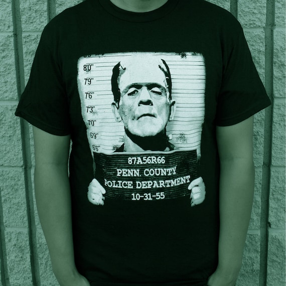 Pins & Bones Frankenstein Shirt, Face Mug Shot, Vintage Retro, Frankensteins Mug Black Tshirt