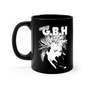Pins & Bones GBH Punk Caneca de café 11 onças carregada GBH cerâmica preta