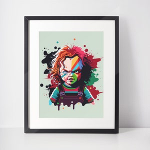 May include: A colorful illustration of a fictional character with red hair and a menacing expression. The character is wearing a blue and red striped shirt and overalls. The background is a light green with colorful paint splatters.
