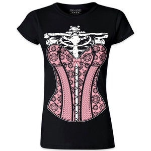 Pins & Bones Women&#39;s Pink Skeleton Rib Cage Beautiful Flowered Corset, Black Cotton T-Shirt (Pink)