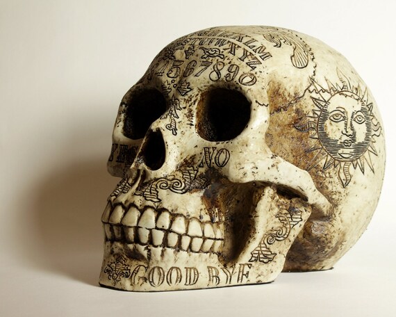 Pins & Bones Ouija Skull, Ouija Board Detailed Crafted Gothic Skull Halloween Decor Occult