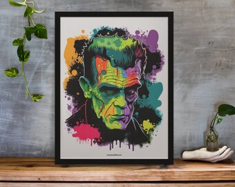 Puede incluir: Un retrato abstracto y colorido de la criatura de Frankenstein con un esquema de color verde, morado y naranja. La imagen está enmarcada en negro.