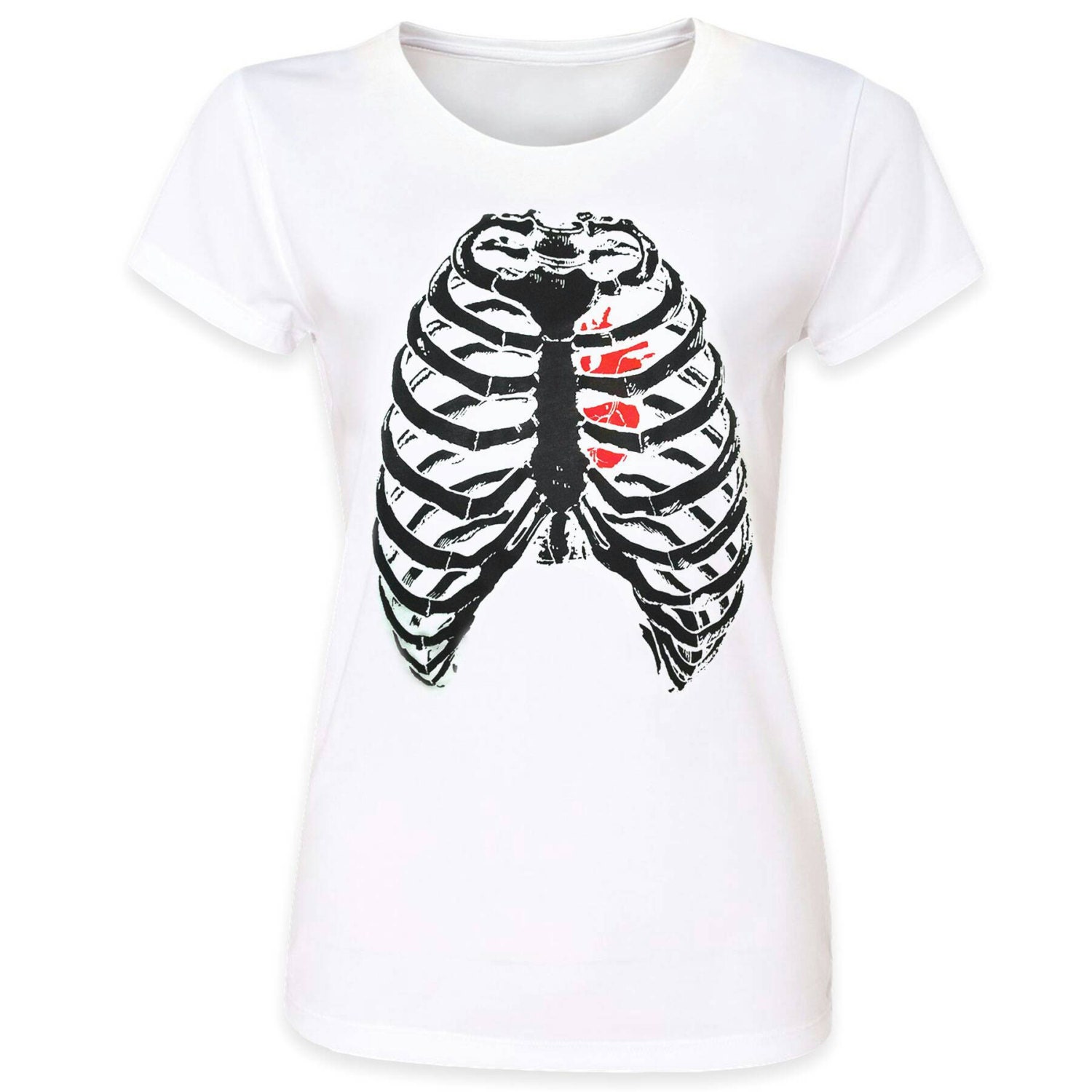 Discover Pins & Bones Women's Skeleton Shirt, Ribcage Shirt, Red Heart Bones X-Ray Horror Goth Occult White Ribcage Shirt